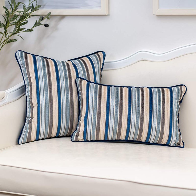 Yangest Blue Striped Throw Pillow Cover Multicolor Velvet Cushion Cover Modern Bohemian Pillowcase for Sofa Couch Bedroom Living Room Home Christmas Decoration,20x20 Inch - Image 4